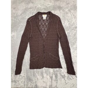 Vintage 90s Y2K M Petite Brown Lace Knit Cardigan Blazer Cottagecore